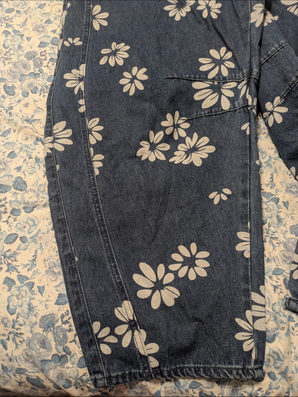 Women's Blue Floral Denim Bib Overalls - Barrel Leg - Picture 6 of 8